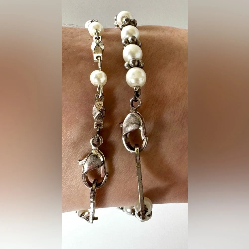 Lot of 2 Vintage Signed Napier Silver-time & Faux Pearl Bracelets #1120